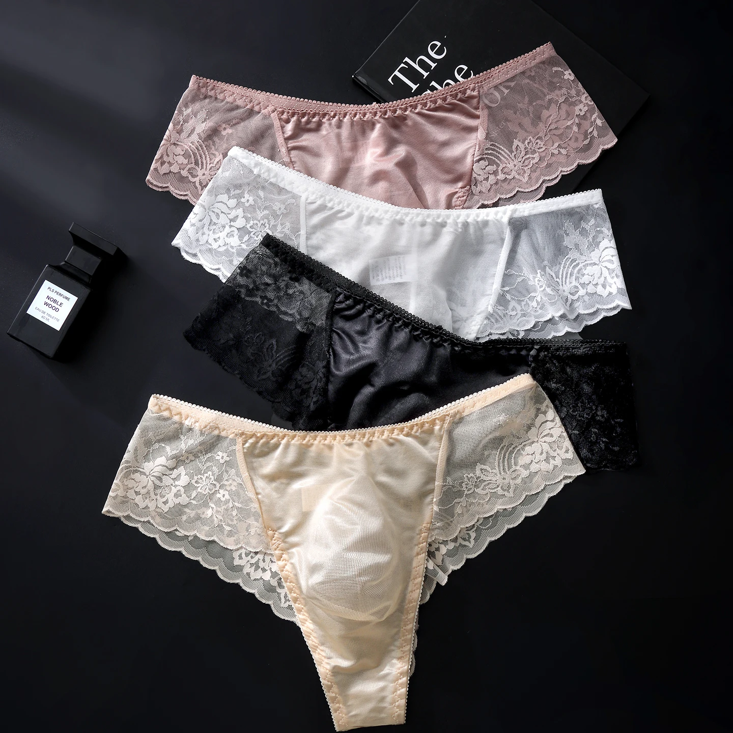 4PCS Men's Low Rise Sexy Thongs with 3D Contour Pouch Lace Splicing High Elasticity Plus Size Available in Male Underwea