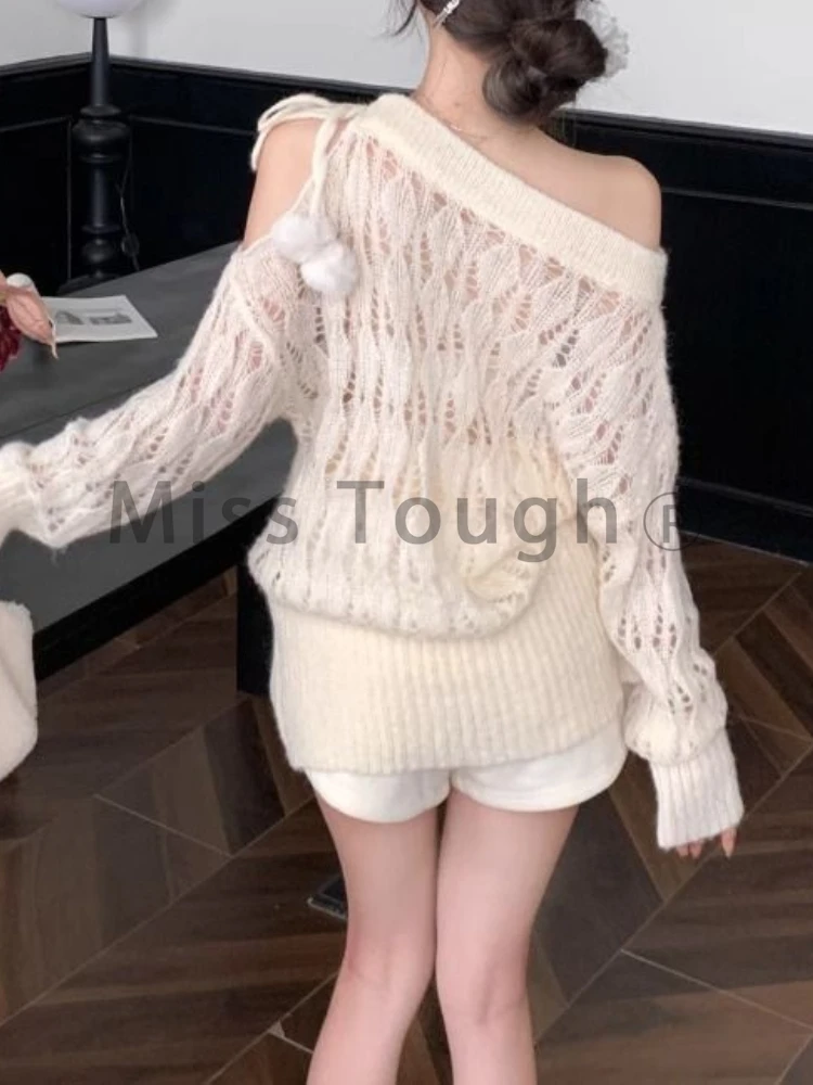 French Fashion Sweet Strap Hollow Knit Pullover Women Long Sleeve Sexy Style Harajuku Sweater New Design Y2k Tops Autumn Winter