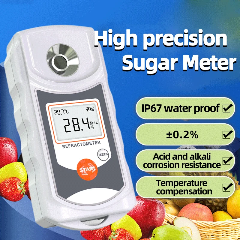 Digital Sugar Brix Refractometer High Precision ±0.2% Precision Tester Sugar Meter for Drinking Water Beverage Carbohydrate