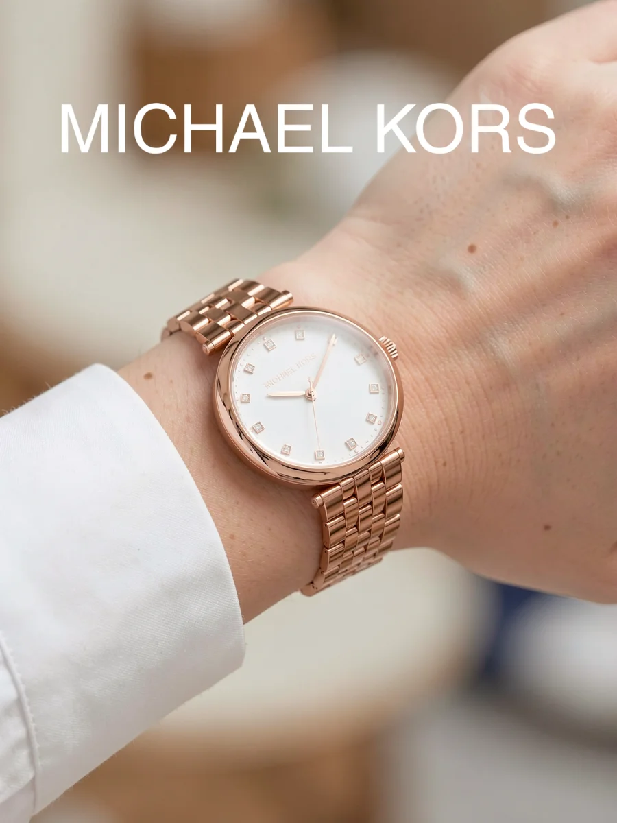Michael Kors Women's Watch Rose Gold Linked Steel Bracelet Crystal Star Marker White Dial Timepiece Soft Feminine Accessory
