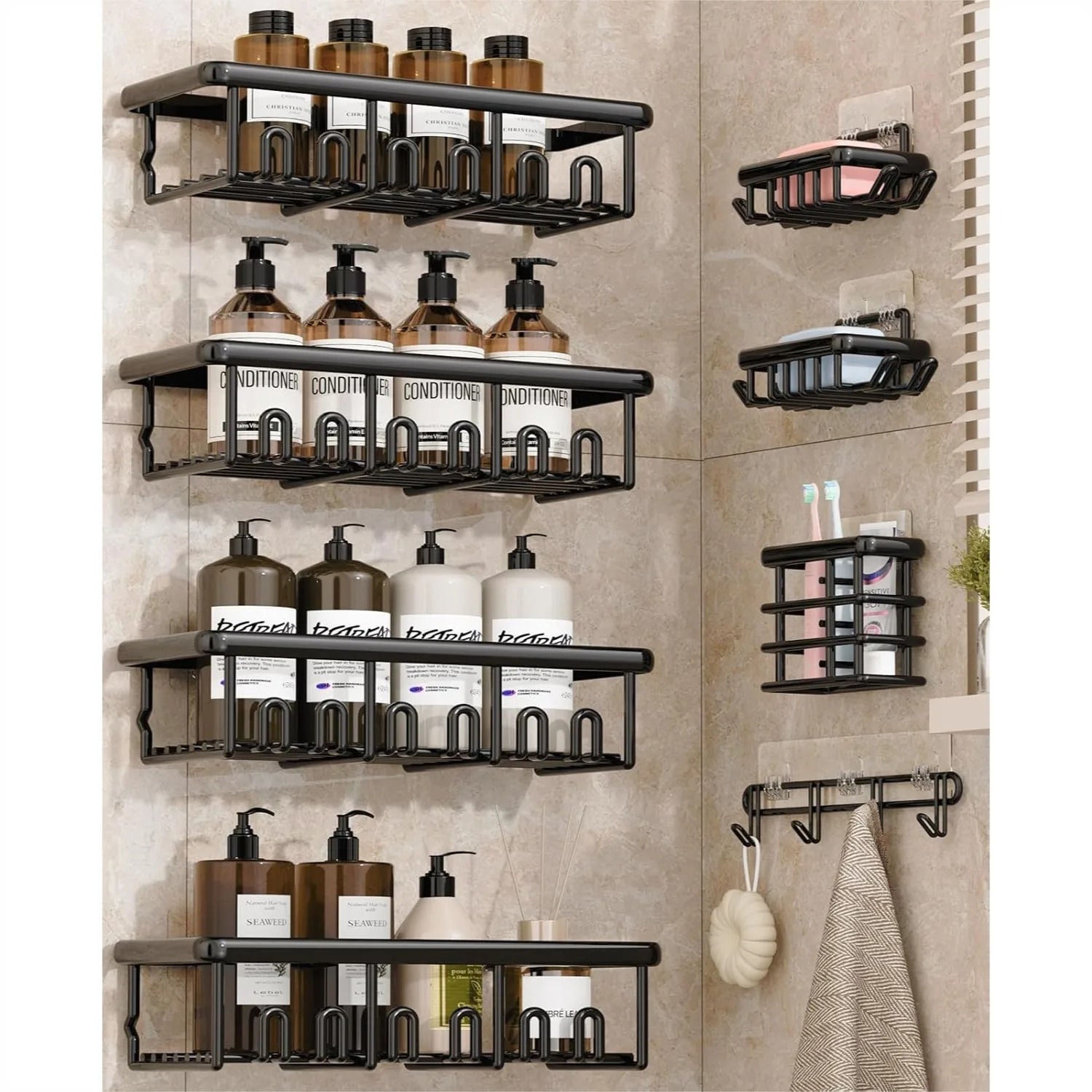 

8 Pack Rustproof Shower Shelves with Soap Dish, Toothbrush Holder & Hooks, Large Capacity No-Drilling Bathroom Storage Rack