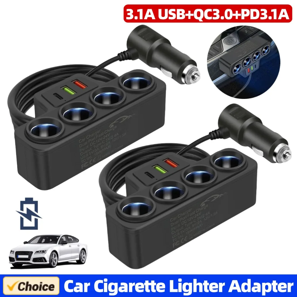 

12-24V 3 USB Socket Car Cigarette Lighter Adapter 4-Socket QC3.0+PD 3.1A Fast Charger Plug USB Car Lighter Splitter Plug 1-3PCS