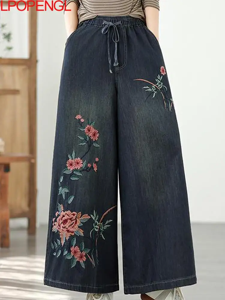 

Женские прямые джинсы с вышивкой на весну и осень 2025 года, винтажные свободные широкие брюки с высокой талией и завязками в этническом стиле