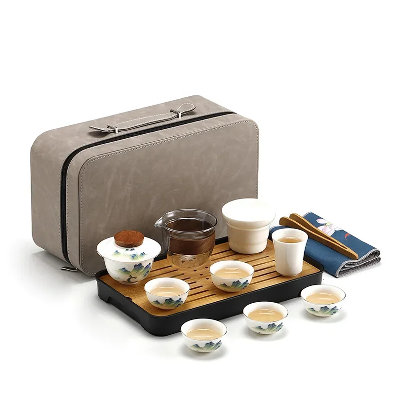 ceramic glass tea mugs and cups with tea tray Clips and bags set for business trips Portable tea set