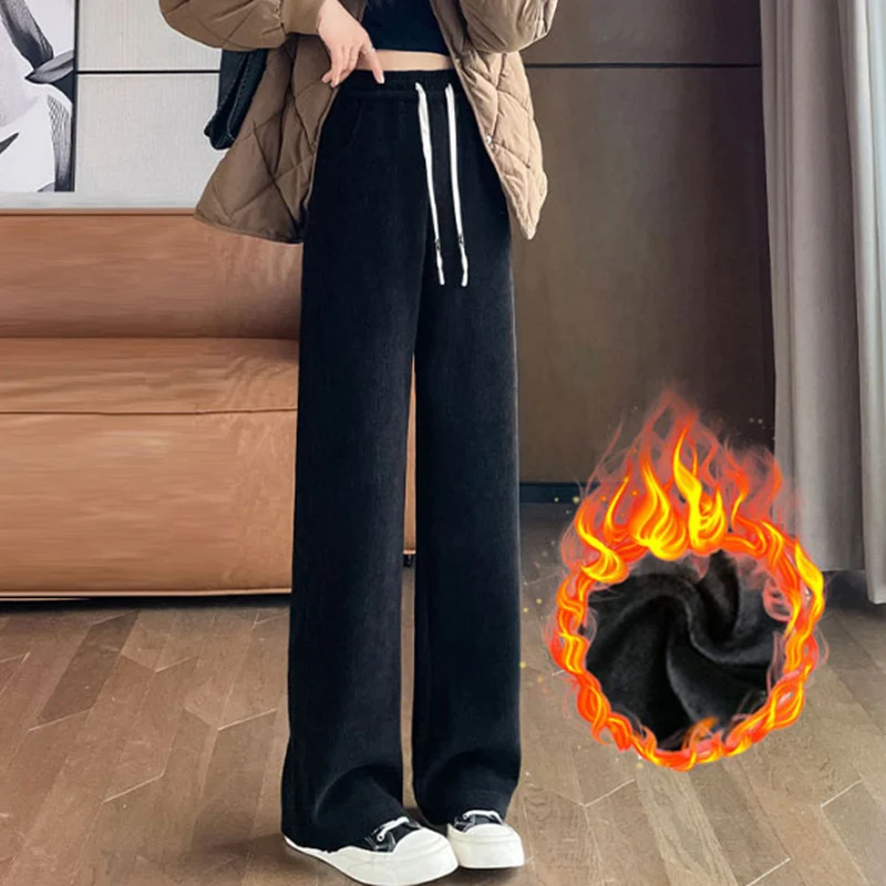 2024 Autumn Winter Women Vintage Concise Sweatpants Lady Casual Designer Elastic Wide Leg Straight Leg Plush Thermal Trousers