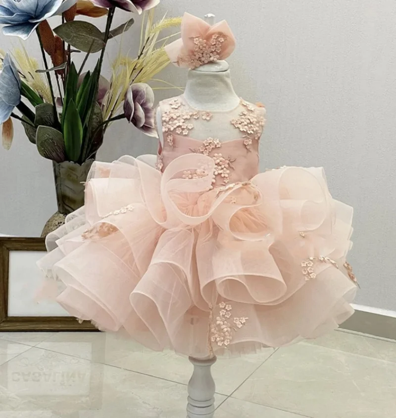 

Pink 3D Lace Flower Girl Dresses for Wedding Sheer Neck Sleeveless Toddler First Birthday Gowns Girls Party Christmas Dress