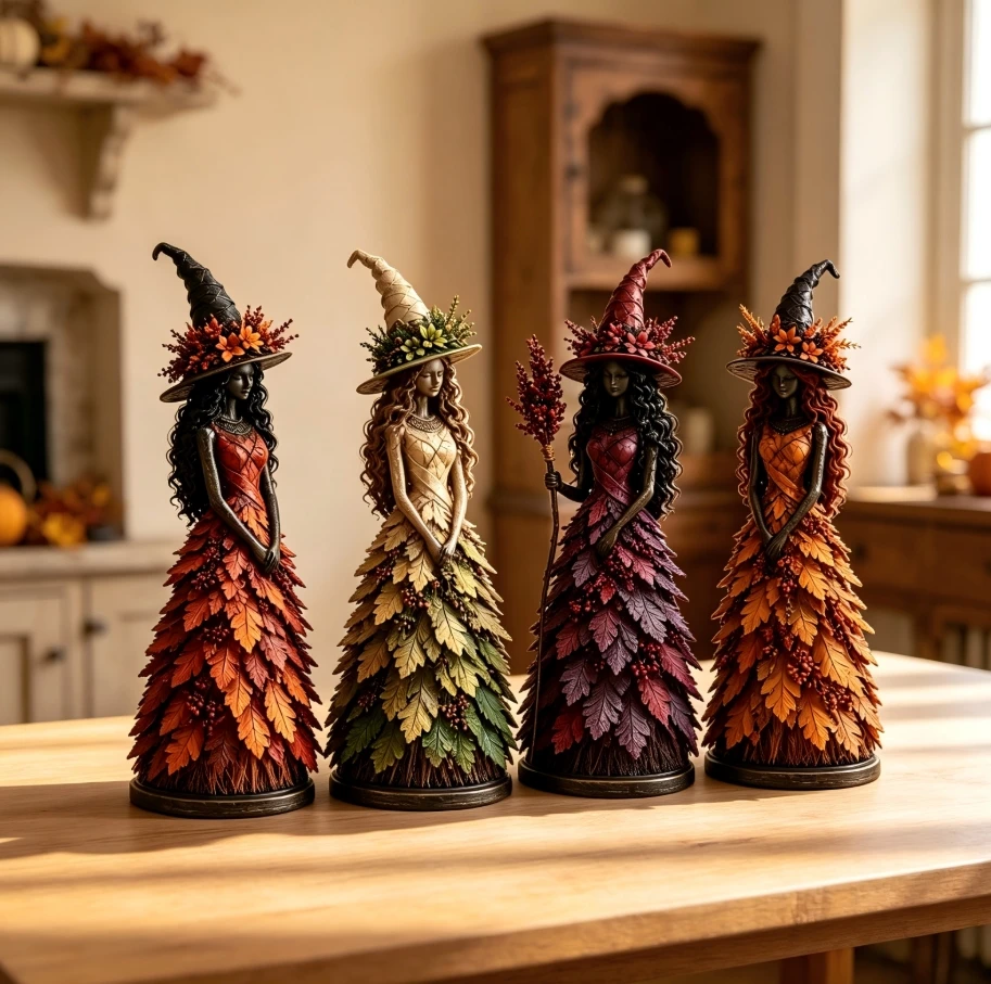 15CM Leaf Witch Figurine Halloween Statue Berry Staff Decor Craft Ornament Halloween Decor Statue Berry Staff Ornament Set
