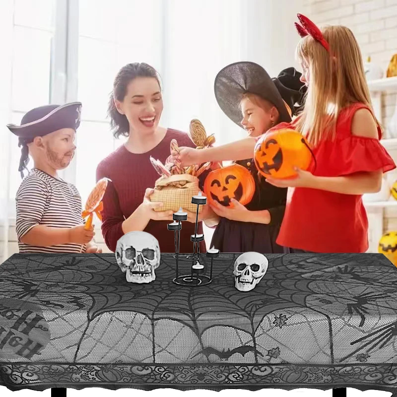 200x140cm Halloween Lace Tablecloths Black Table Cloths Spiderweb Table Fabric Fireplace Scarf For Halloween Home Party Decor