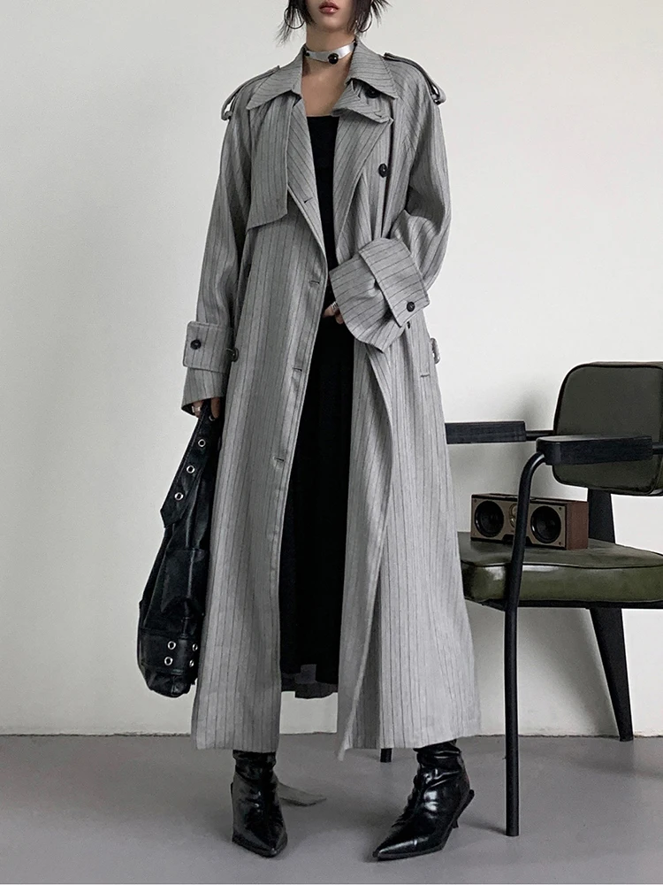 YERMORA สีเทาลาย Belted ปุ่ม Casual Trench Lapel ยาวเสื้อ \ \ \ \ \ \ \ \ \ \ \ \ \ \ \ ใหม่ Windbreaker แฟชั่นฤดูใบไม้ผลิฤดูใบไม้ร่วง 2025 A888