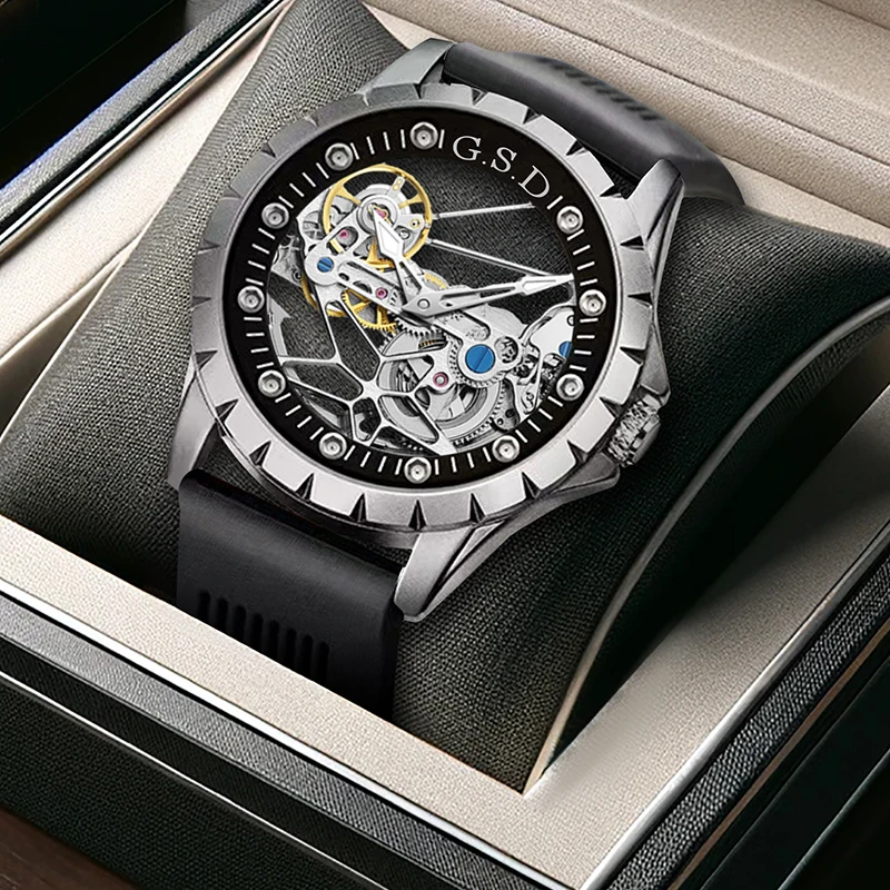 

A men's stylish avant-garde black PU leather mechanical watch with a cool hollowed-out pentagram and silver case