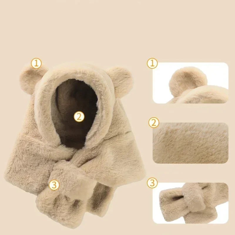 Warm Hat Scarf for Infant Baby Fashion Kawaii Cartoon Bear Ear Newborn Hat Winter Thicken Plush Warmer Toddler Beanie Scarf