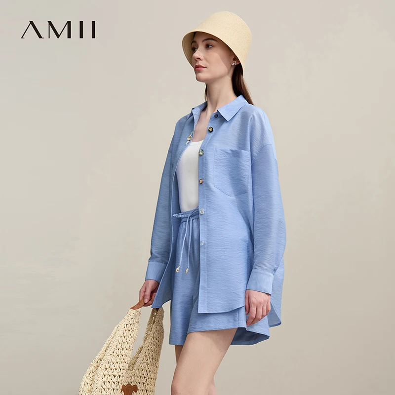Amii Women's Casual Shirts 2026 Summer New Holiday Style Separate Shorts Long Sleeve Top Single Loose Solid Shorts 12652027