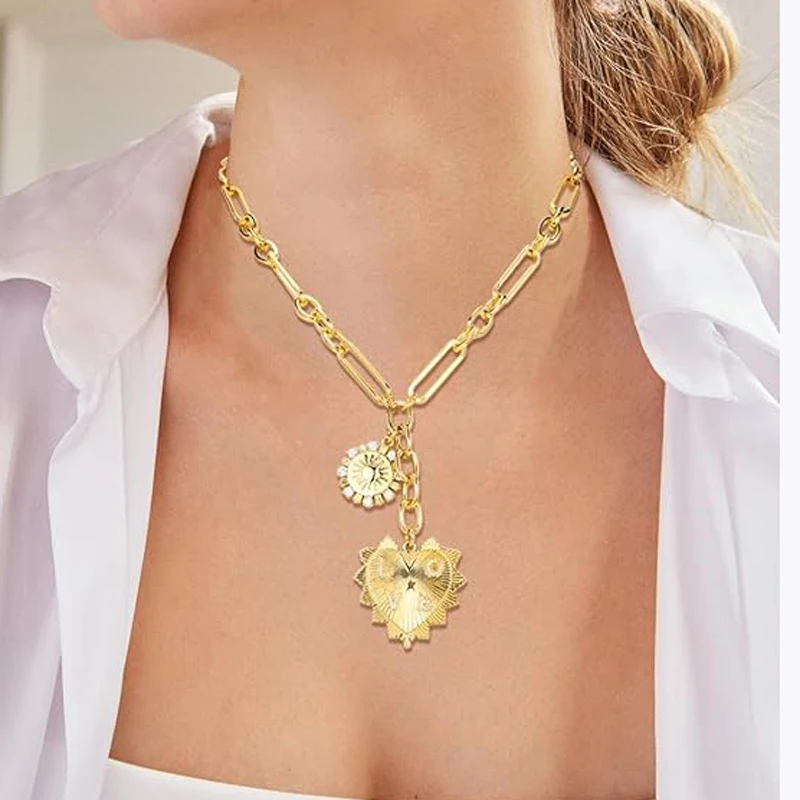 Sun Heart Pendant Choker Necklace Sweater Chain Necklace for Women Gils,18K Gold Plated Multi Pendants Chunky Chain Hip Hop