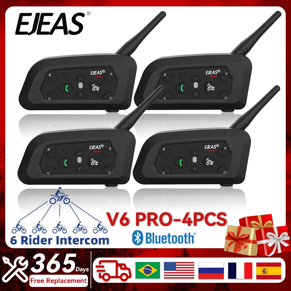 

4Pcs Bluetooth 5.1 EJEAS V6 PRO Motorcycle Helmet Intercom Headset For 6 Rider Communicator 1200M Wireless Interphone Waterproof