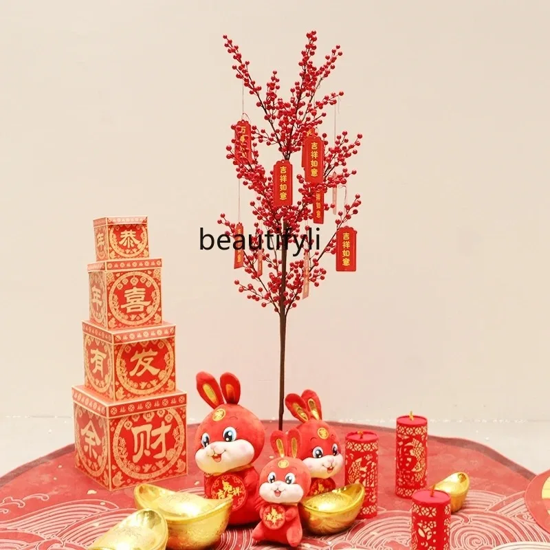 A85 New Year Pachira Macrocarpa Simulation Stranvaesia Davidiana Berry Flower Living Room Money Tree Wedding Decoration