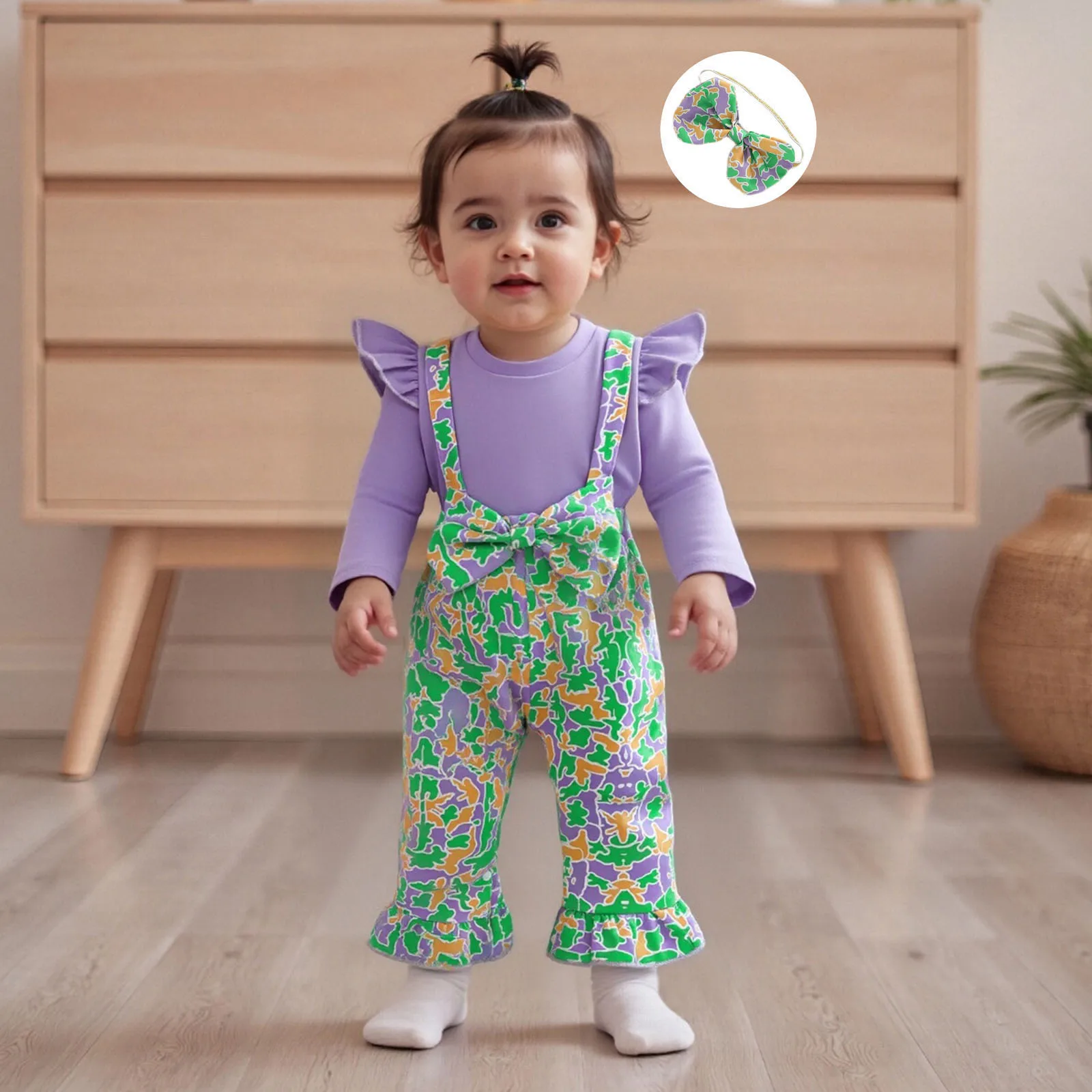 

Одежда для малышей, осенняя одежда для девочек, искусственный комбинезон из двух предметов контрастного цвета с рюшами и длинными рукавами, повязка на голову с бантом, комплект из 2 предметов