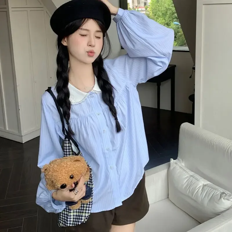 النمط الياباني قمصان مخططة النساء الكورية موضة لطيف المرقعة البلوزات طويلة الأكمام بيتر بان طوق بلايز عادية