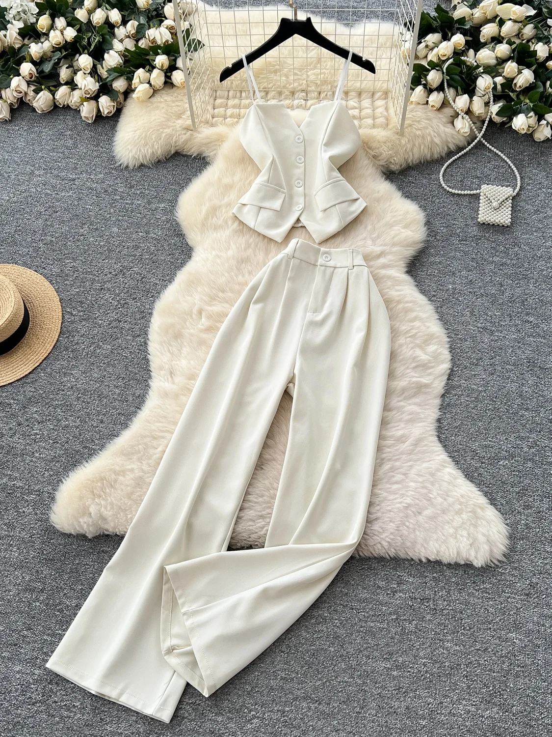 유행하는 여성 여름 세트 하이웨이스트 와이드 레그 스트레이트 팬츠 베스트 투피스 수트 벨티드 크롭탑 트렌디 의상