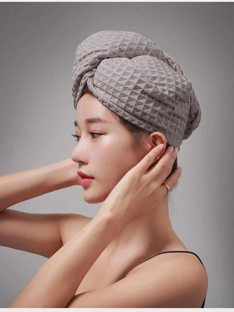 Grey Cotton Waffle Dry Hair Cap Super Absorbent Dry Hair Towel Solid Color Simple Fashion Quick-dry Bathroom Thick Headscarf