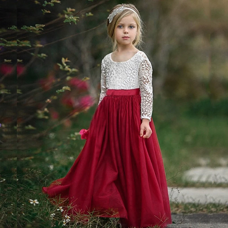 Novo vestidos da menina de flor manga longa primeira comunhão vestidos o-pescoço com arco faixa de bola vestidos feitos sob encomenda