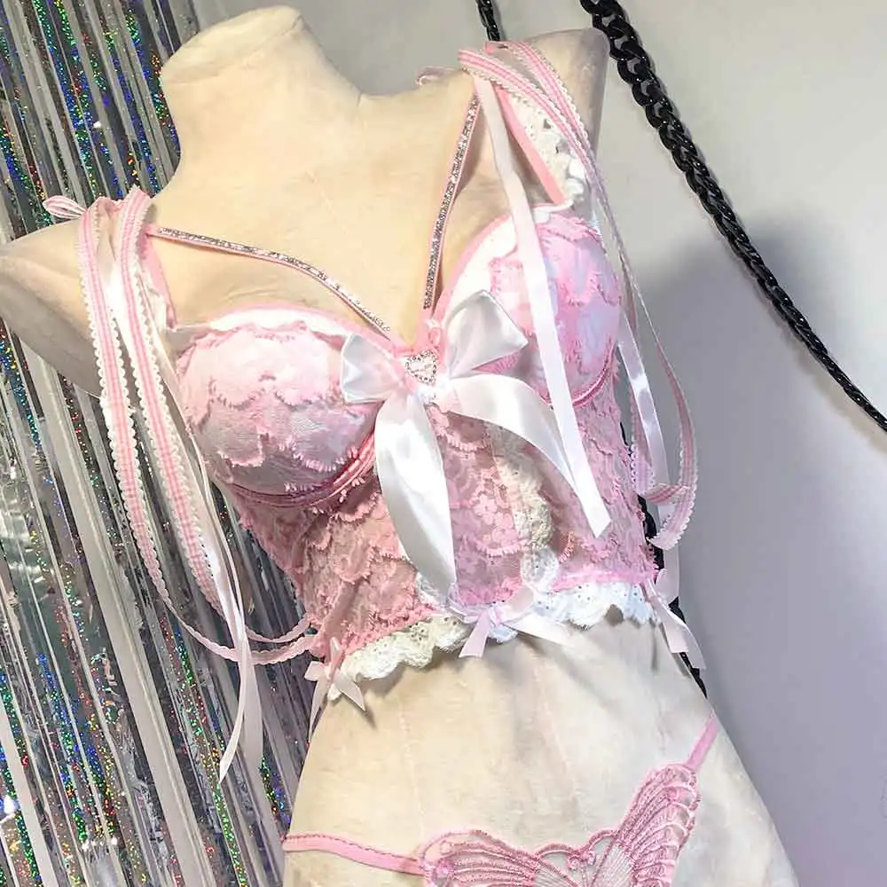 

80s 2025 90s Digital Pink Kawaii E-Girls Punk Rock Grunge Bow Goth DIY Y2K Halter Camisole TOPS Gothic Tank Emo Eco Harajuku