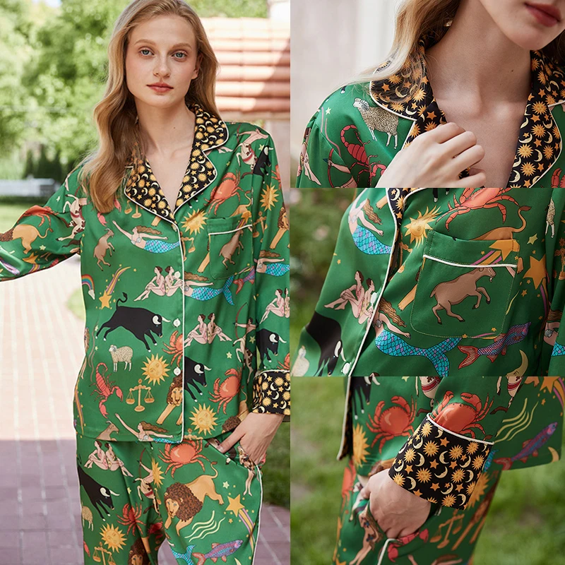 

Spring Autumn Female 2PCS Pajamas Set Green Print Cartoon Sleepwear Long Sleeve Shirt&pant Loose Satin Pijamas Suit Home Wear