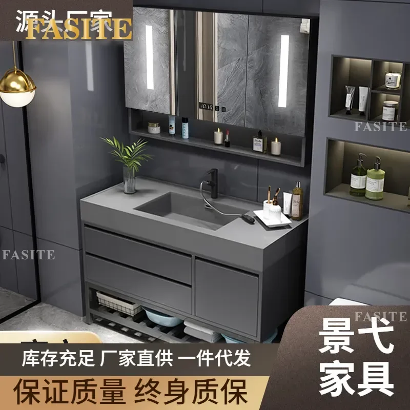 For Smart Bathroom Cabinet Light Luxury Rock Slab Integrated Basin Washstand with Mirror Cabinet Modern Vanity Set