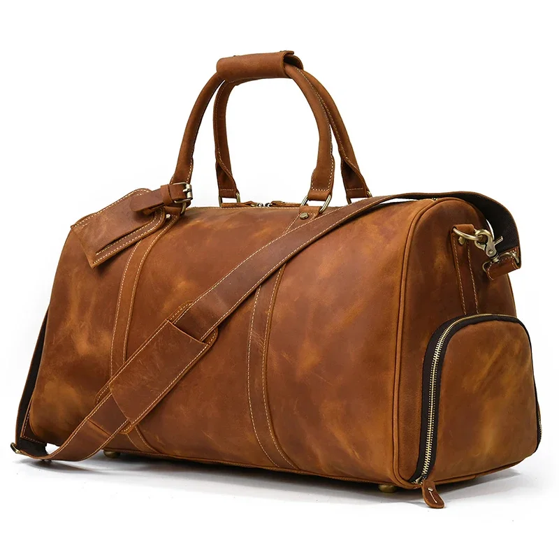 

XL Large Size Leather Travel Bag 100% Genuine Travelling Handbag Feature Crazy Horse Duffle For Man