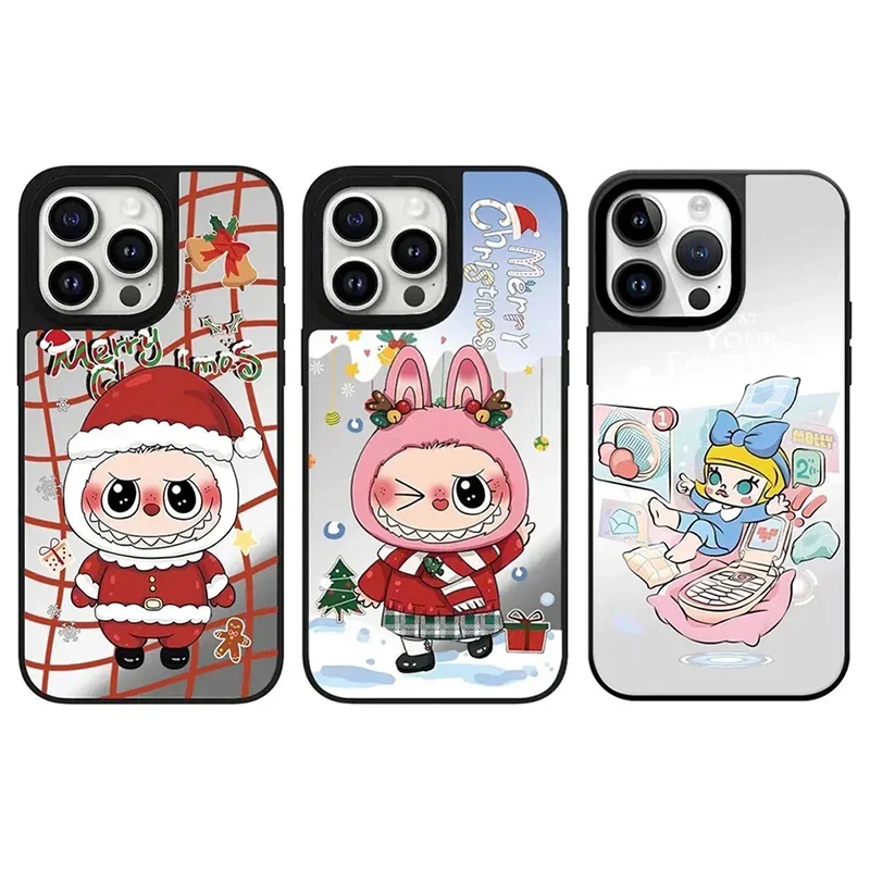 

Christmas Doll Black Silver Border Mirror Magnetic Phone Case Cover for IPhone 12 13 14 15 16 Pro Max Case