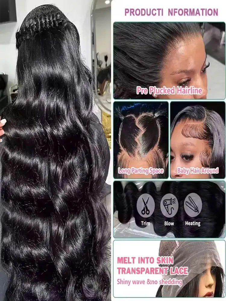 42 Polegada onda do corpo perucas de cabelo humano 250% densidade 13x6 hd frente do laço peruca de cabelo humano 5x5 gluless fechamento do laço perucas preplucked