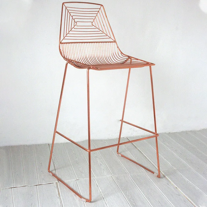 

#Luxury Rose Gold Wire Bright Gloss Metal Iron Mesh High Beach Outdoor Cafe Bar Chair