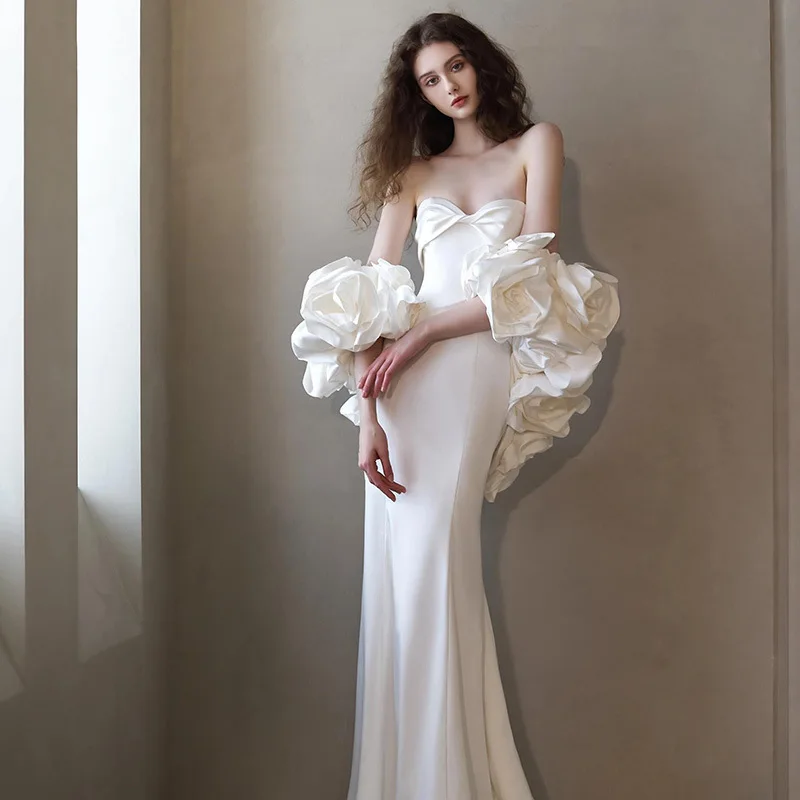 

Light Wedding Dress Floral Bride Simple Mermaid Outdoor Gown Evening High-End White Satin Dress for Women