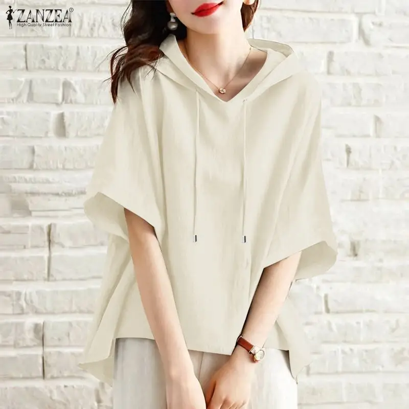 

2026 ZANZEA Women Blouses Hooded Summer Shirts Half Sleeve Casual Solid Hoodies Tops Female Loose Elegant Office Lady Blusas OL