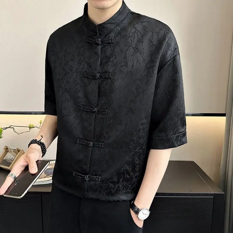 Summer Men's 2024 New Patchwork Stand Collar Embroidery Button Fashion Solid Color Folk Loose All-match Casual Half Sleeve Tops