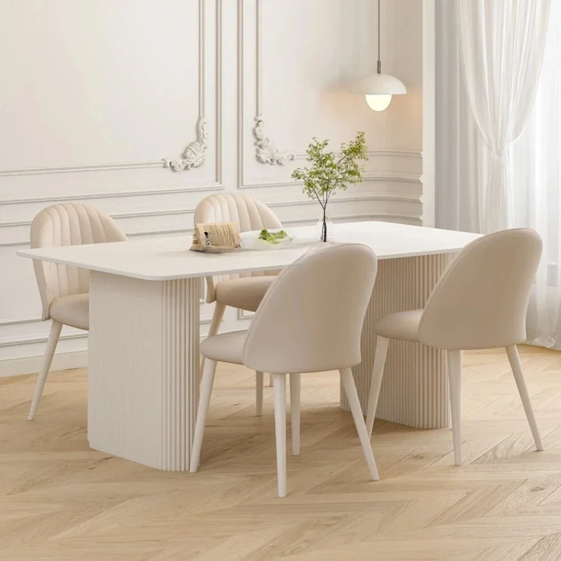 

French Cream Style White Rectangular Dining-Table Chair Combination Light Luxury Household Stone Plate Dining Table