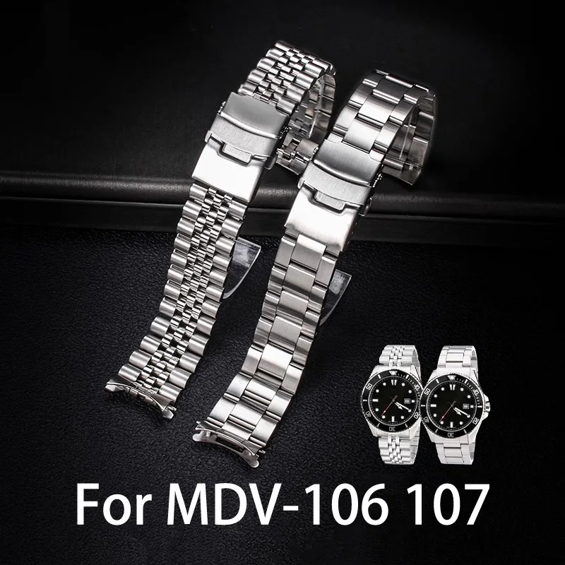 For CASIO MDV-106 MDV-107 stainless steel watch strap 20mm 22mm Arc interface soild metal silver men watchband Watch accessories