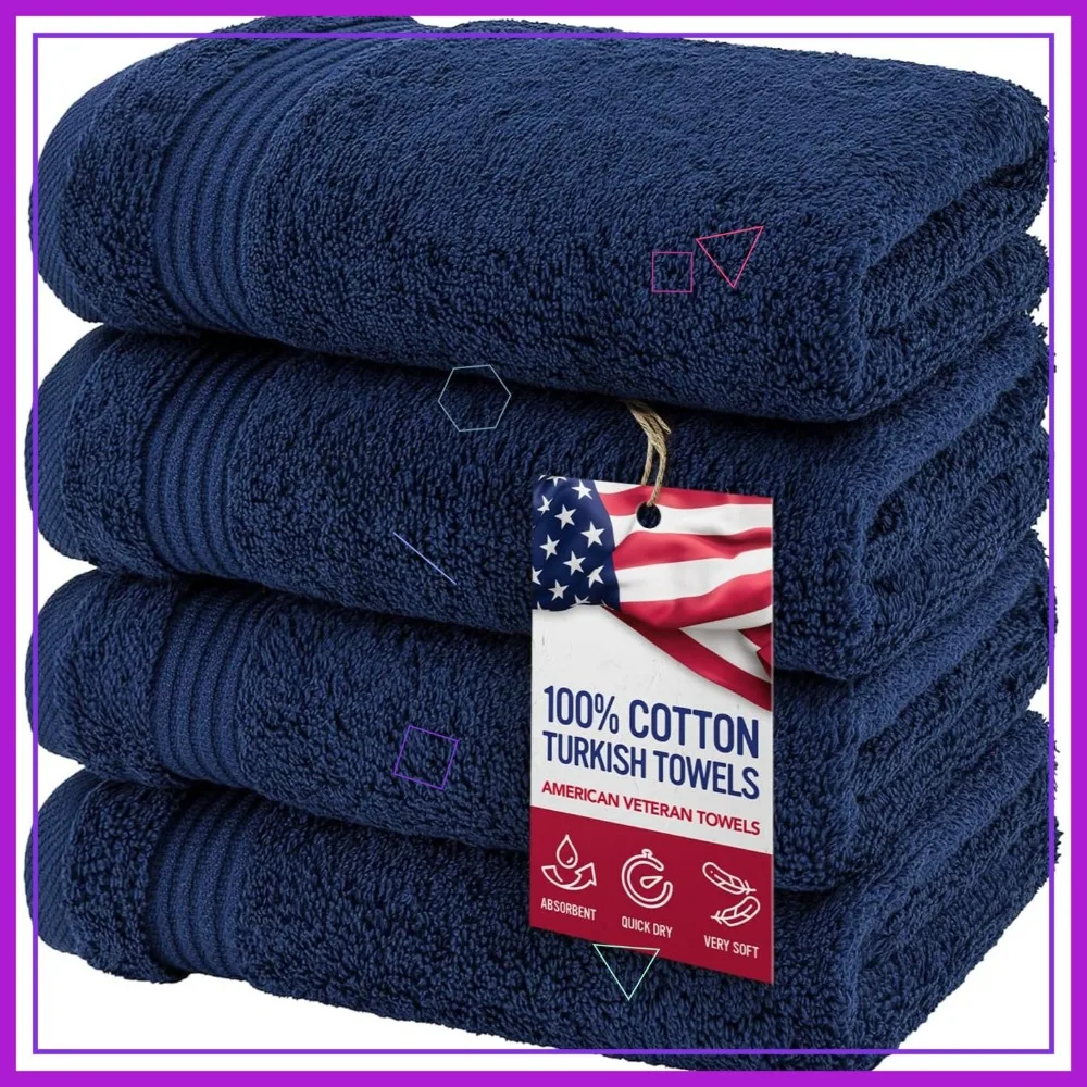 

American Veteran Towel Set of 4 - 100% Cotton Turkish Hand Towels for Bathroom, Soft Face Towels Navy Blue