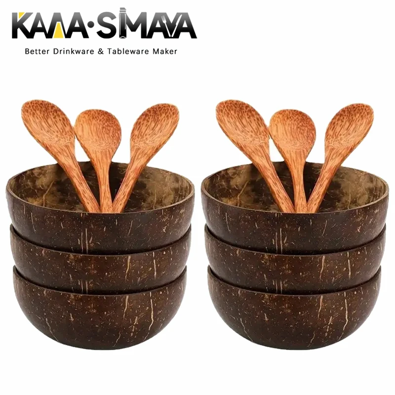 KAWASIMAYA Natural Coconut Bowl Handmade Wooden Coconut Bowl Tableware Set Fruit Salad Coconut Bowl Spoon Set Kitchen Tools