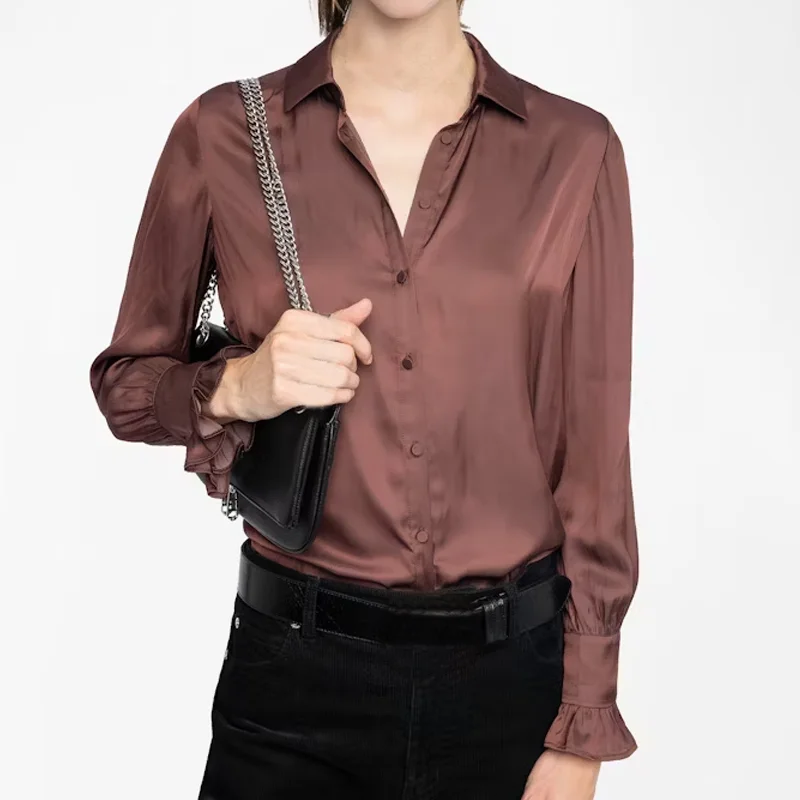 

Burgundy Lapel Shirt Women Button Long Sleeve Tops Ladies Wing Diamonds Blouse Zadig Female Shirts Summer New Brown Blouses