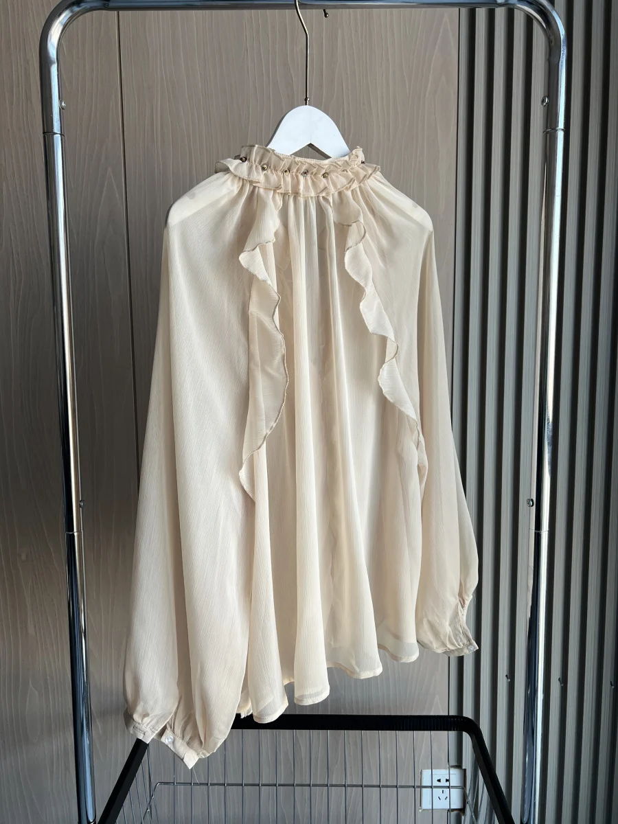 ETJ Spring 2025 New  Women\'s Fashion Translucent fabric beaded rivets decorated V-neck lace ruffled romantic shirt