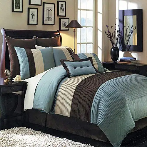 Hudson Teal-Blue, Brown, and Cream Cal-King Size Luxury 8 piece Comforter Set Includes Comforter, Bed Skirt, Pillow