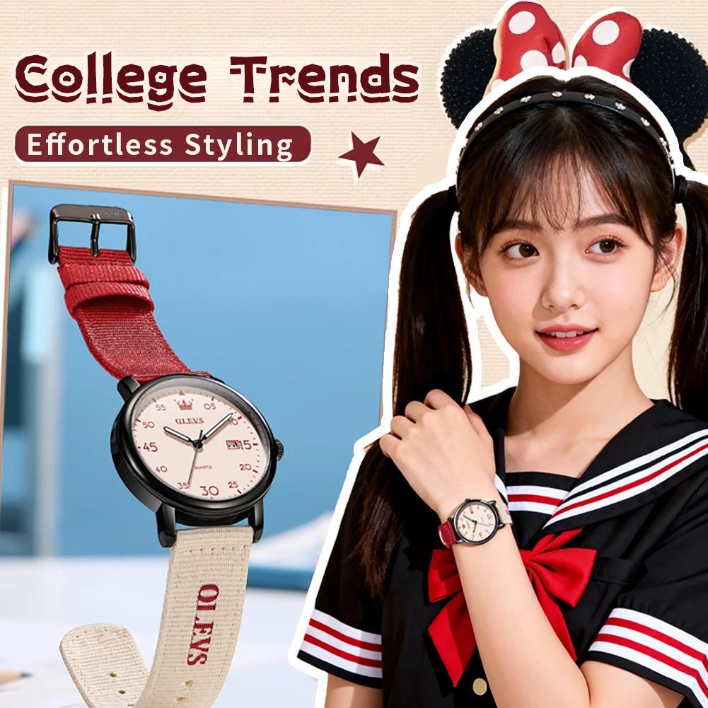 OLEVS Original Analog Quartz Watch with Canvas Strap, Easy Read Date Display Casual Student Watch 2997