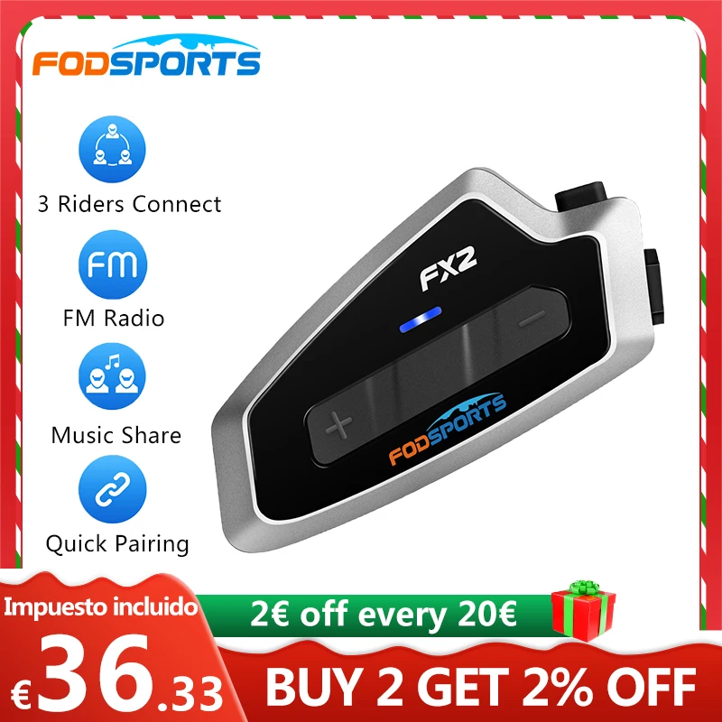 Fodsports FX2--Auricular de motocicleta con intercomunicador impermeable más fuerte para 3 conductores 1000m Bluetooth5.0 Interfono de casco, intercomunicador Moto con radio FM, emparejamiento universal (CE FCC)