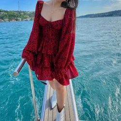 Spring 2024 Sexy Bandage Puff Long Sleeve Dress Summer Women Vintage Wine Red Floral Print Ruffles Mini Dresses Holiday Robe