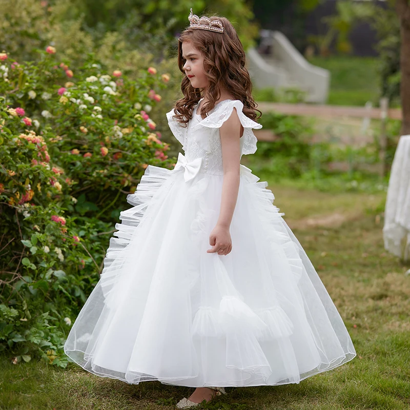 White Bridesmaid Dresses For Girls Children Puffy Tulle Princess Party Wedding Gown Elegant Kids Girl Formal Evening Dress 8 12Y