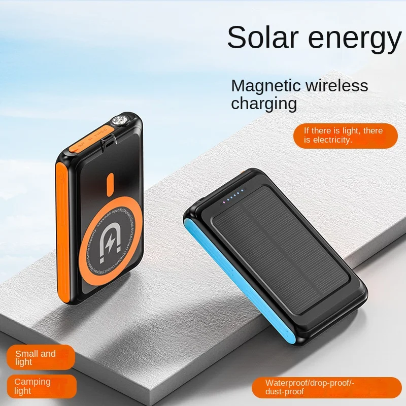 Mini Solar Power Bank 5000mAh Magnetic 5W Wireless Fast Charging Mobile Phone Mobile Power Supply Outdoor Camping LED Flashlight