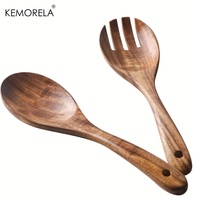KEMORELA Acacia Wood Salad Servers Set of 2 Long Handle Spoon And Fork Set for Mixing Durable Kitchen Serving Utensils