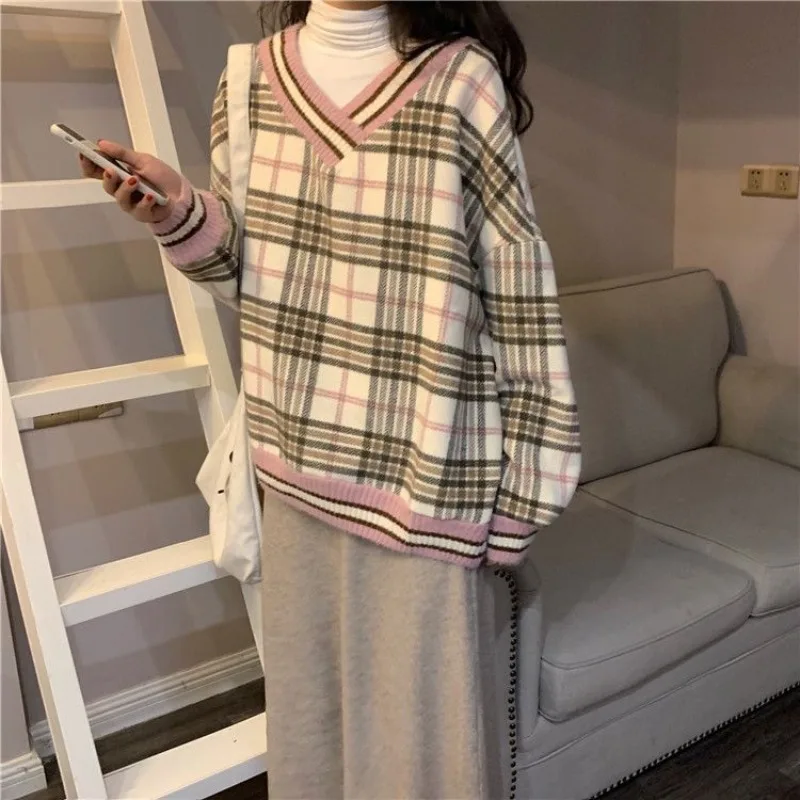 Loose Chic Plaid Spring Hoodies New Korean Fashion V-neck Tops Y2k Harajuku Vintage Simple Casual Female Sweatershirt Pullover