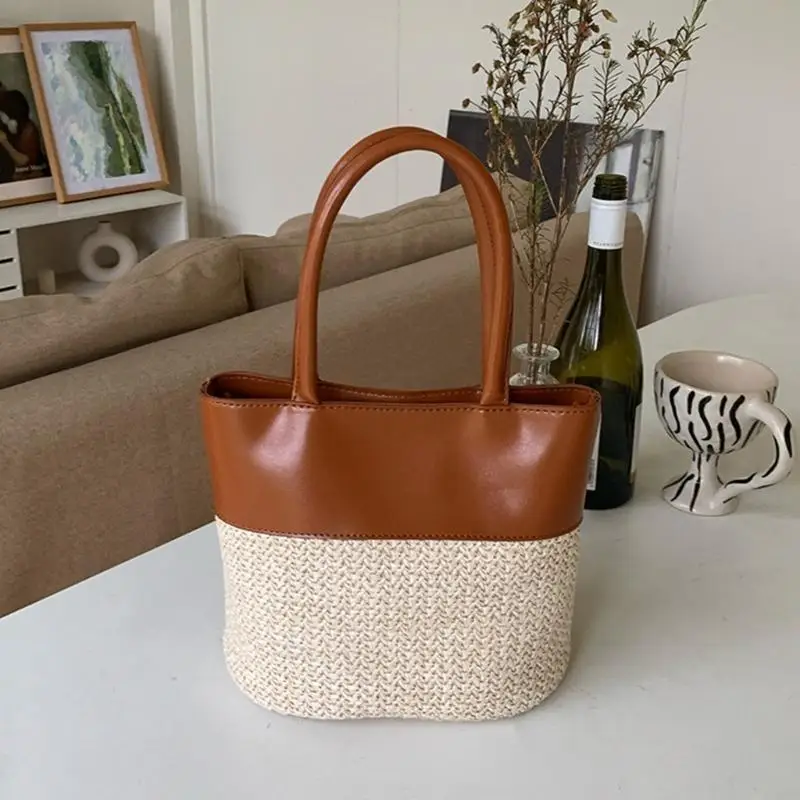 

63HC Patchwork Beach Shoulder Bag with PU Leather Straw Bucket Handbag Crossbody Bags