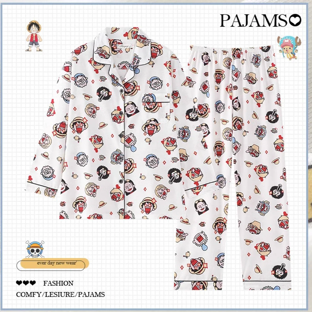 

One Piece Luffy Cartoon Couple Pajamas Women Print Long-Sleeved Pants Pajamas Set Fashion Spring Casual Men's Women's Home Wear